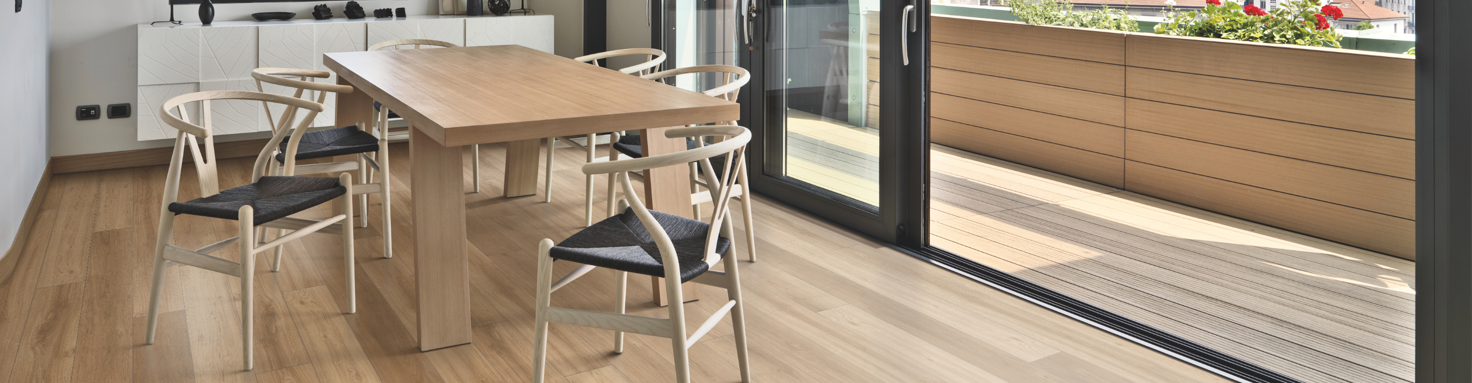 Hardwood flooring in a dining room and porch